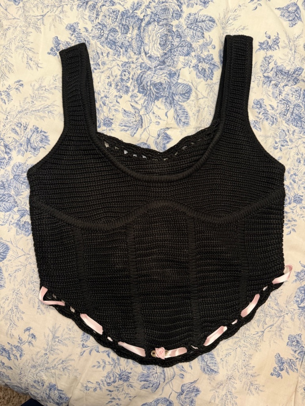Fashion Nova Black Crocheted Tank with Pink Ribbon Accent
